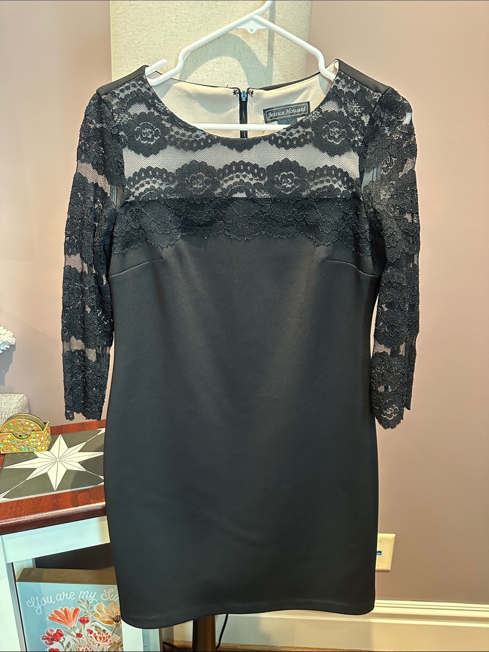 Jessica Howard Black Lace Yoke Long Sleeve Sheath Dress